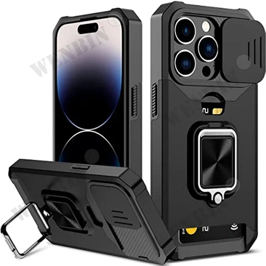Case For iPhone 15 14 13 Heavy Duty Protection With Sliding Camera Cover And Card Clip Cover